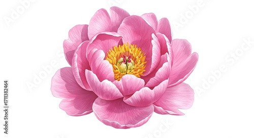 A pink peony flower with yellow center on white