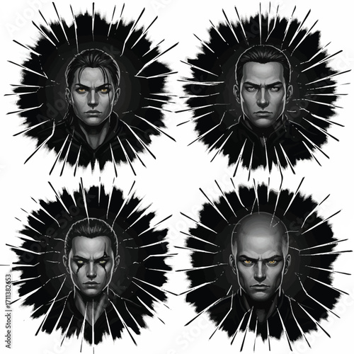 Four portraits of people with dark backgrounds and light rays.
