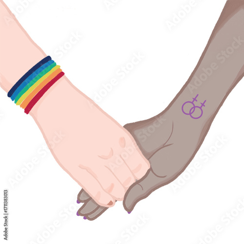 Ilustration LGBT concept Women in rainbow wristband holding hands outdoors, gay tattoo