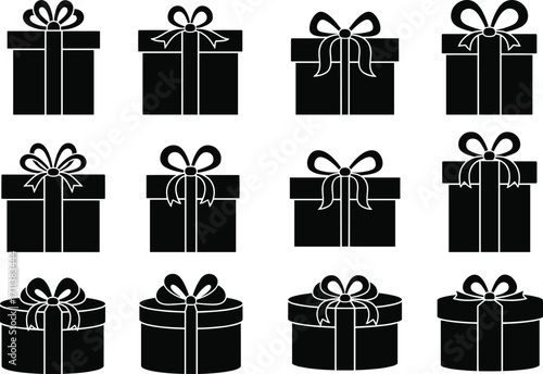 Gift box silhouette vector, ribbon styles, black icons, oval and square shapes, festive packaging, minimalist design, holiday decor, wrapping concept
