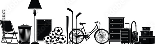Household items silhouette vector, garage storage, sports equipment, furniture icons, moving essentials, black illustration, minimalist design, home organization concept