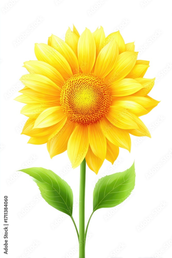 Fototapeta premium Vibrant yellow sunflower with green leaves against a white background