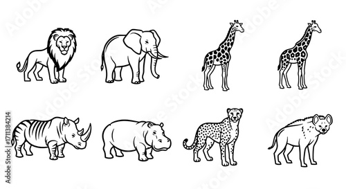 Stylized African Animals Line Art Set Lion, Elephant, Giraffe, Rhino, and More
