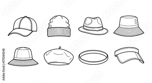 Collection of Hat Illustrations Baseball Cap, Beanie, Fedora, Bucket Hat and More