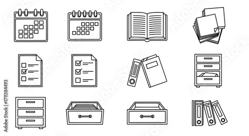 Organization Icons Set Calendar, Checklist, Book, Drawers, Files and Binders