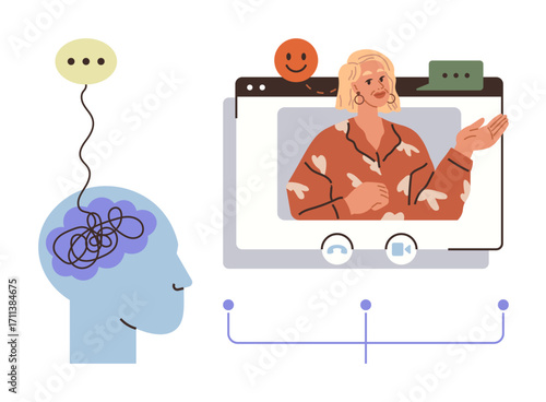 Human brain with tangled thoughts connected to a therapist on a video call interface. Ideal for mental health, online therapy, communication, counseling, support, telehealth, connection. Simple flat