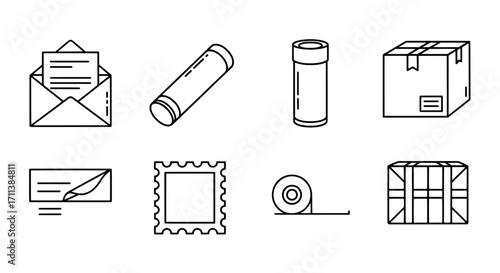 Mailing Icons Envelopes, Stamps, and Package Outlines