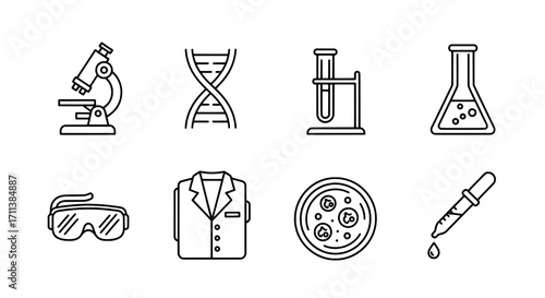 Science Lab Icons Microscope, DNA, Test Tube, Beaker, and Safety Gear