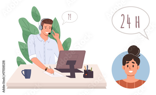 Customer service representative wearing a headset assists client via computer. Speech bubbles signify inquiry and 24-hour availability. Ideal for communication, teamwork, support, inquiry, response