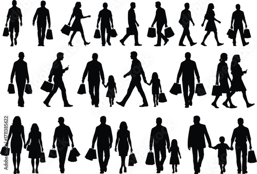 Shopping silhouettes, family walking, people with bags, retail crowd, consumer behavior, urban lifestyle, black figures, vector illustration, marketplace concept, commercial activity, group outing