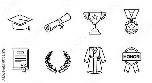 Graduation Icons Academic Achievement and Success Outline Symbols