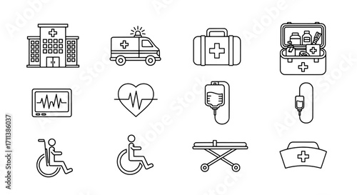 Healthcare Icons Hospital, Ambulance, and Medical Supplies