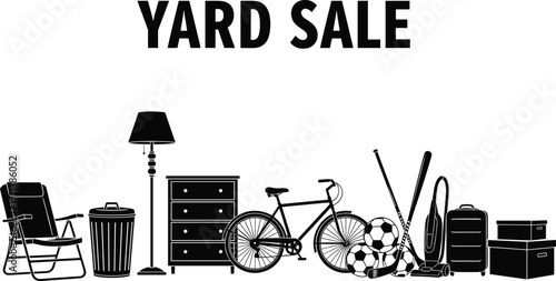 Yard sale silhouette vector, household items, sports gear, furniture, vintage decor, garage clearance, black icons, resale concept, minimalist illustration design