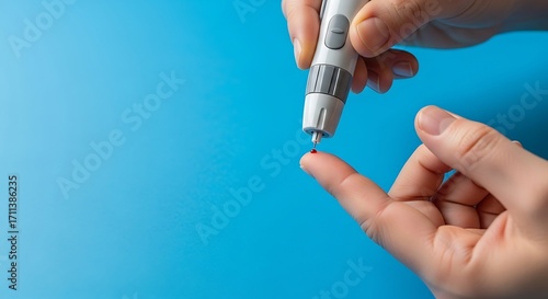 A person uses a lancet device to prick their finger for a blood glucose test, with a drop of blood visible on the fingertip against a bright blue background.