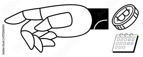 Robotic hand extended toward coin with a calendar below, suggesting themes of innovation, money, technology. Ideal for finance, automation, future, savings, scheduling planning investment