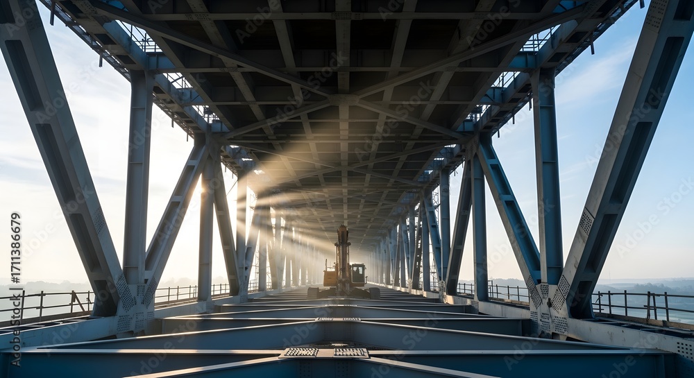 Fototapeta premium Sunlight shining through the steel beams of a bridge with construction vehicle in the distance ahead view
