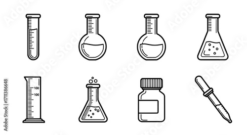 Chemical Lab Icons Test Tubes, Beakers, and Pipettes Line Art Set