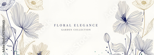 Elegant minimalist line art flowers banner background. Delicate floral illustration with golden and blue blossoms, perfect for sophisticated invitations and design projects