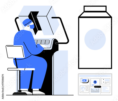 Technician using advanced lab machine and digital tools analyzing materials. Ideal for technology, innovation, research, science, laboratory, healthcare, and data analysis themes. Simple flat