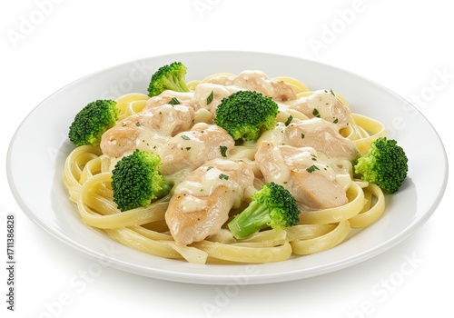 Chicken Alfredo with Broccoli on White Background 