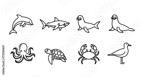 Marine Life Icons Set Dolphin, Shark, Seal, Octopus, Turtle, Crab and Seagull