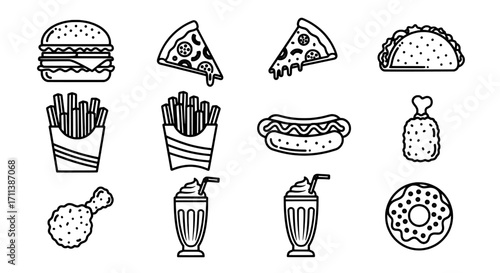 Collection of monochrome fast food icon set on white