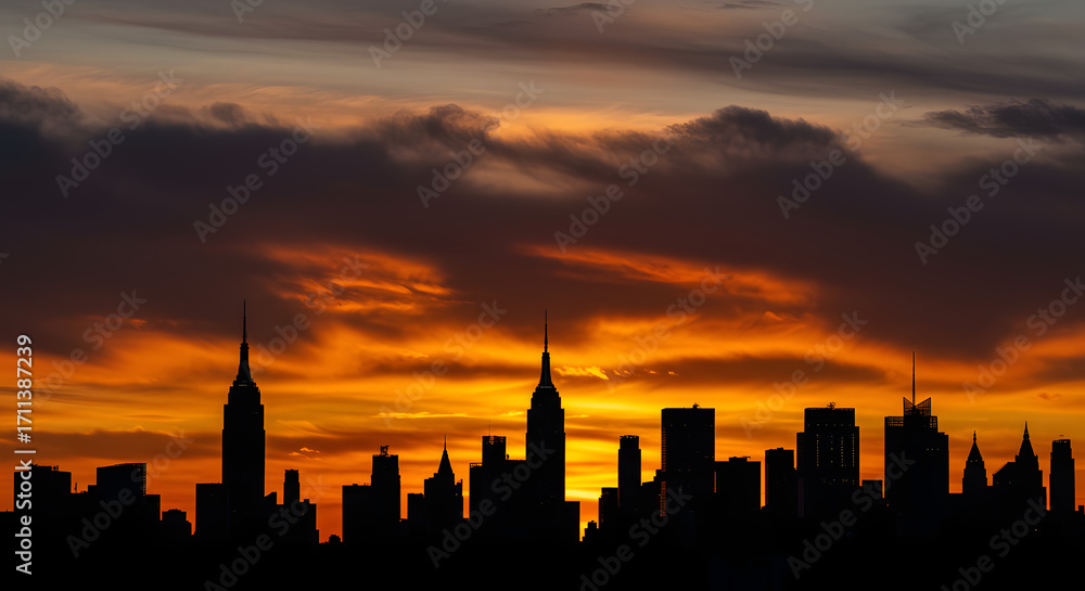 Fototapeta premium Dramatic silhouette of a city skyline against a vibrant orange and yellow sunset sky with dark clouds.