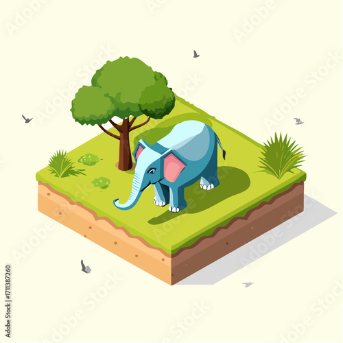 Isometric vector illustration of elephant standing near tree on grassland