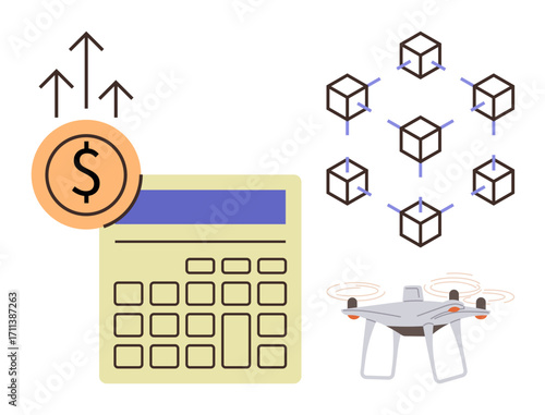 Calculator with rising arrows, blockchain cubes, and a quadcopter highlighting finance, technology, and growth. Ideal for fintech, blockchain, automation, investment innovation business and technology