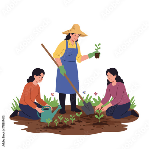 Vibrant 2D flat vector illustration: a rural woman teaches younger women proper seedling planting techniques in a community garden, using a shovel and watering can.