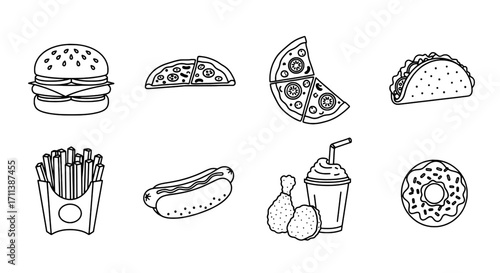 Variety of Fast Food Icons in Black and White Outline