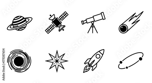 Minimalist Space and Astronomy Vector Icons Collection Celestial Bodies, Exploration, and Technology in Line Art Style