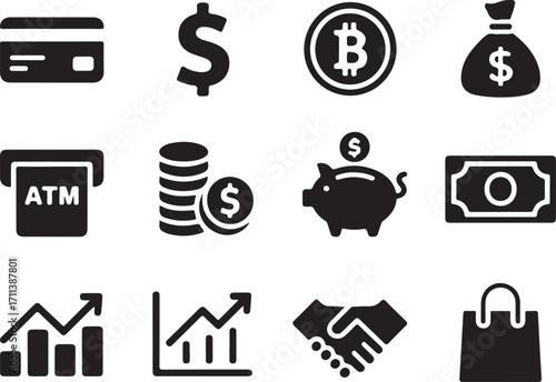 Financial icons business growth banking crypto and shopping