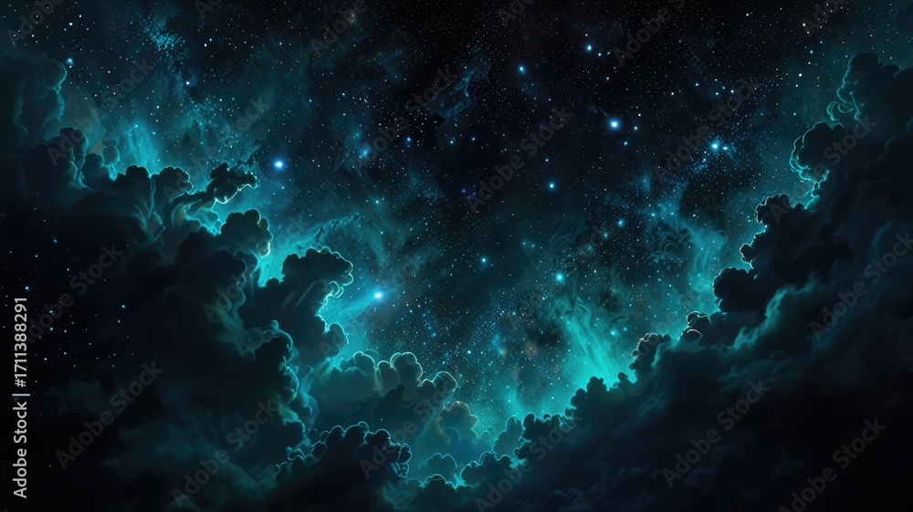 Fototapeta premium A vibrant and ethereal depiction of a cosmic nebula with bright stars.
