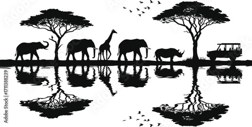 Silhouette of African safari scene with elephants, giraffe, rhino, acacia trees, and safari vehicle reflected in water.