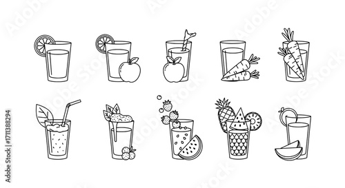 Assortment of Fresh Juices and Smoothies Refreshing Beverages in Outline Style