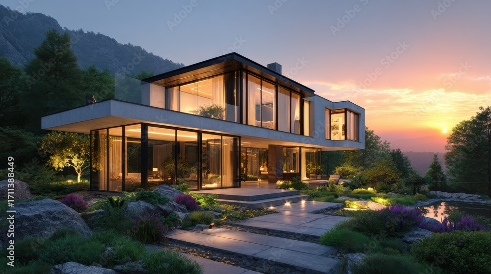 Fototapeta premium Modern architecture house at sunset residential property contemporary design outdoor setting aesthetic view