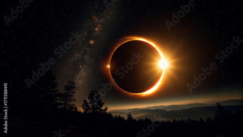 
This AI-generated image presents a total solar eclipse where the Moon perfectly blocks the Sun, creating a dramatic visual.