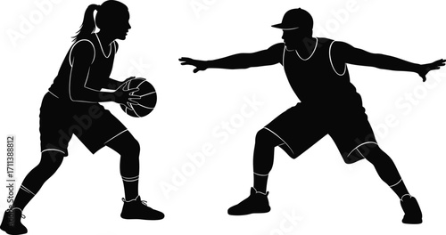 Silhouette of female basketball player dribbling and male defender – sports, competition, action, and teamwork concept.