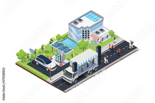Carnival Music Festival Illustration Concept 3d Isometric View Party Elements, highway, trucks. Concert Background and Stage Landscape. Music Event vector illustration