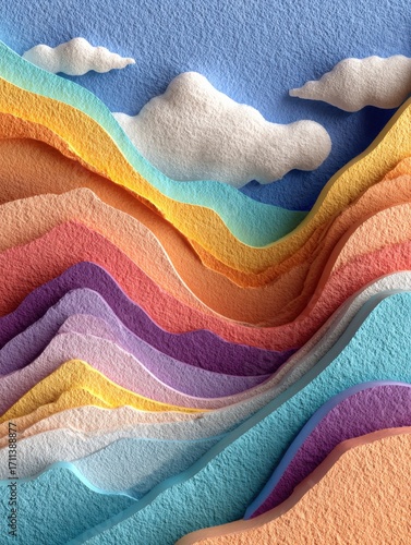 Vibrant layered paper landscape art creative studio digital artwork bright colors aerial view abstract design