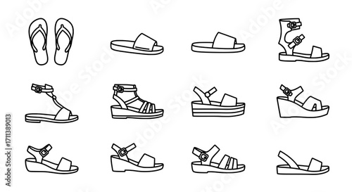 Vector icon set of different types of women's summer sandals