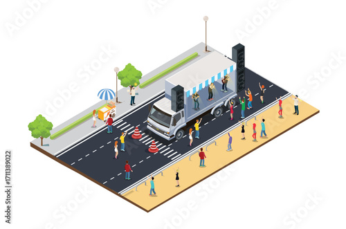 Music Festival Illustration on truck on the side of the road 3d Isometric View of Party Elements, people dancing, truck. Concert Background and Stage Landscape. Musical Event vector illustration