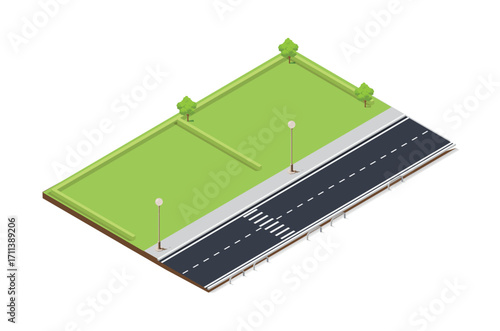 3d Concept Illustration of a green park with grass, trees, highway, city lights, Suitable for Diagrams, Infographics, Book Illustration , Infographics, And Other Graphic asset