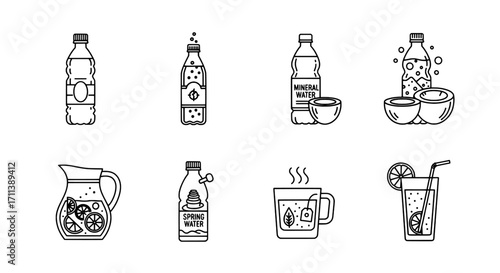 Collection of refreshing drinks and beverages in vector icons