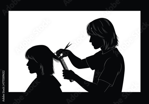 Silhouette of hairdresser cutting client’s hair – salon, beauty, styling, and professional grooming concept.