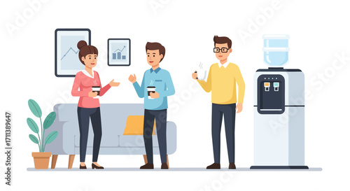 Office water cooler scene with three colleagues chatting and drinking coffee.
