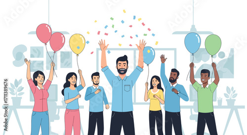 A group of diverse office workers celebrating with balloons and confetti.