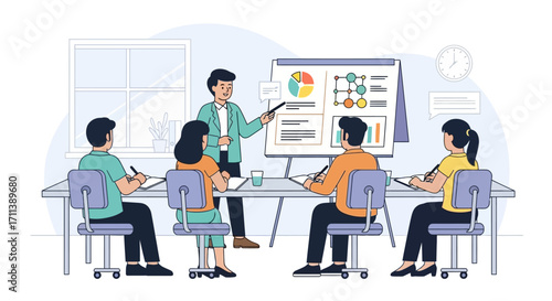 Business meeting: presenter gives presentation to team.