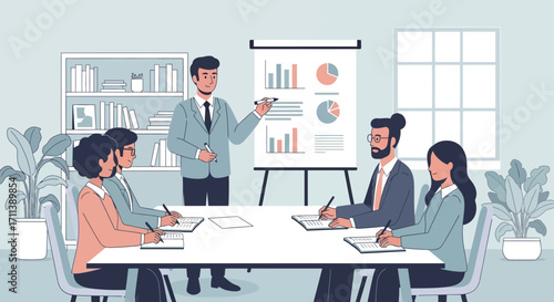 A business meeting in an office setting with a presentation and attendees taking notes.